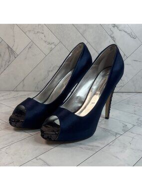 Caparros Womens Navy Satin Lace Peep Toe Slip-On High Heel Pump Size 12B